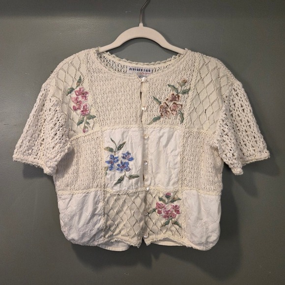 Bedford Fair Lifestyles Tops - Vintage Bedford Fair Women's Crochet Floral Embroidered Top Size M Cottage Boho